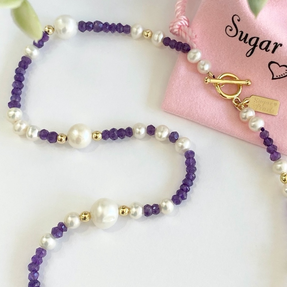 Freshwater Pearl, Amethyst & 14K Gold Necklace - Picture 3 of 7